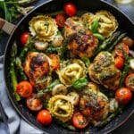One-Pan Pesto Chicken, Tortellini, and Veggies, Asparagus, Tomatoes