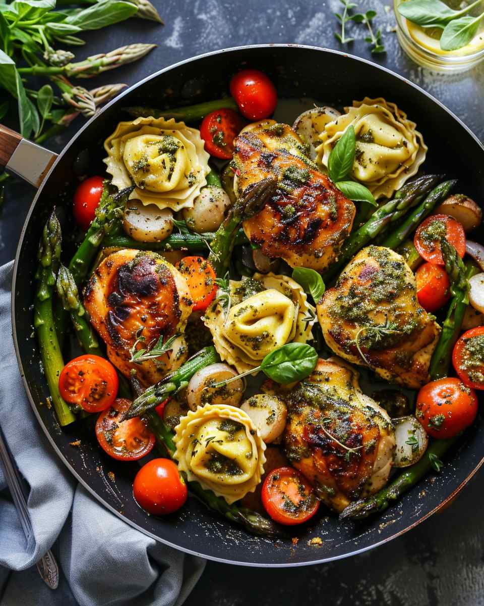 One-Pan Pesto Chicken, Tortellini, and Veggies, Asparagus, Tomatoes