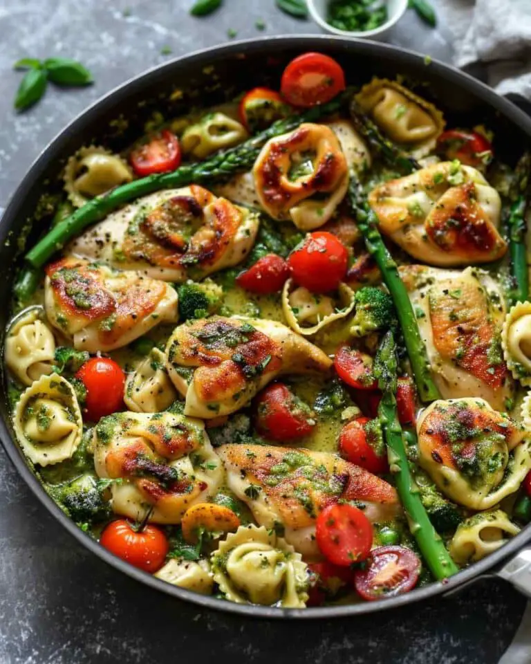 One-Pan Pesto Chicken, Tortellini, and Veggies, Asparagus, Tomatoes