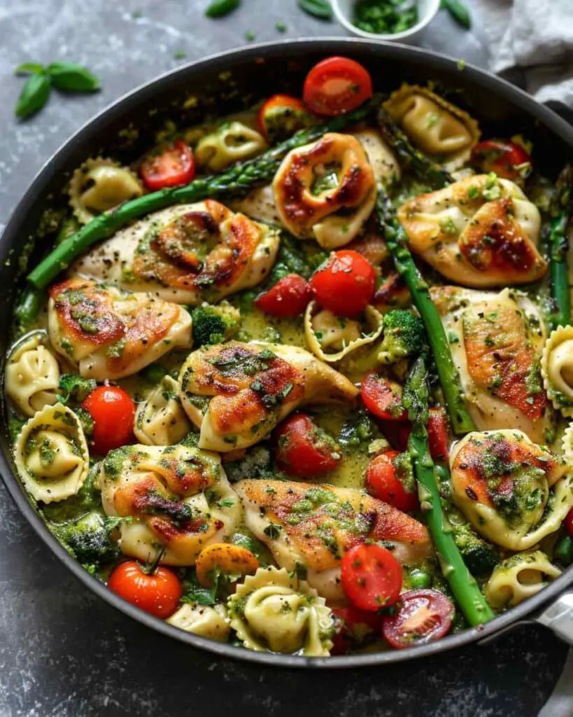 One-Pan Pesto Chicken, Tortellini, and Veggies, Asparagus, Tomatoes