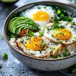 Crispy Rice Bowl with Fried Eggs and Avocado