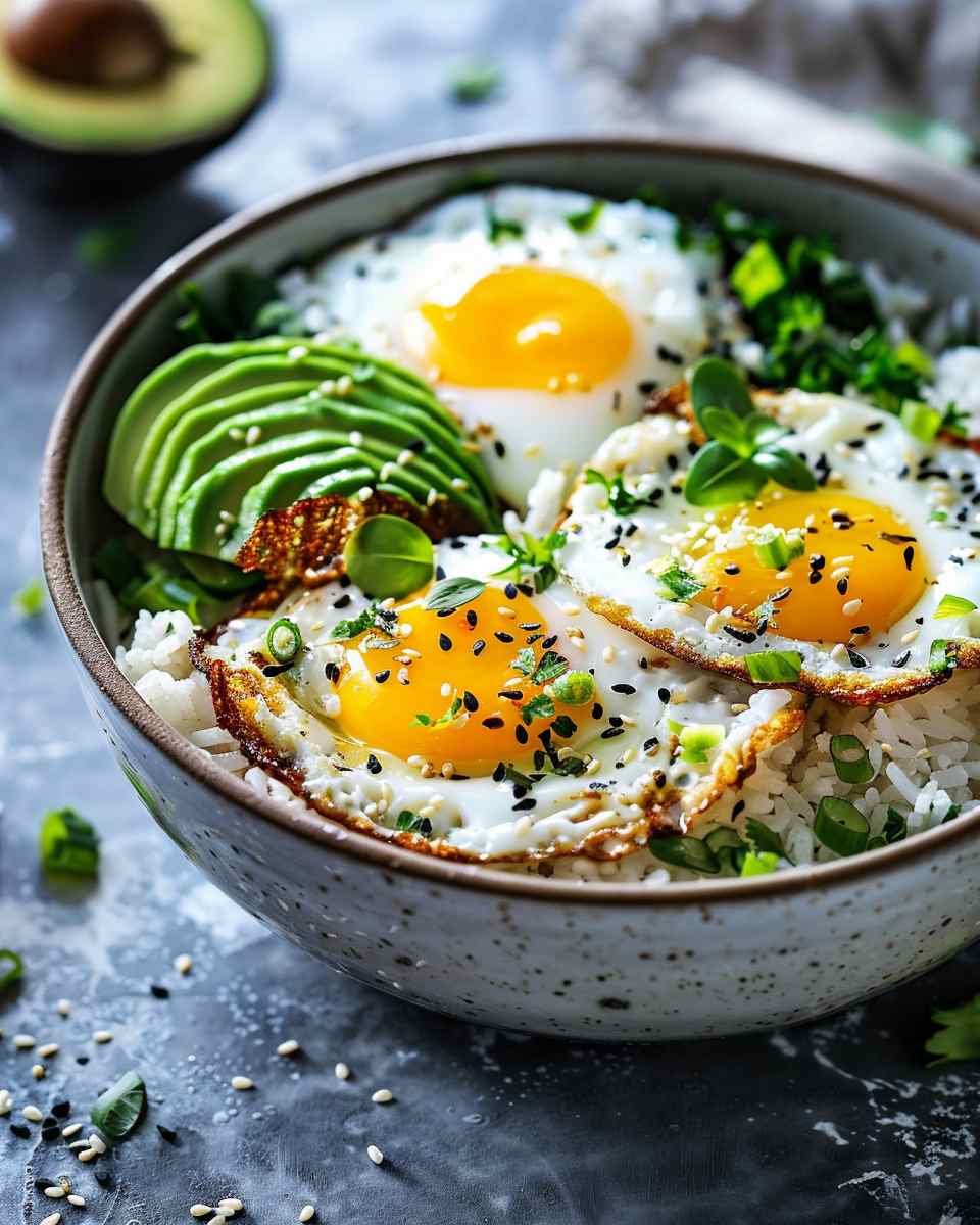 Crispy Rice Bowl with Fried Eggs and Avocado