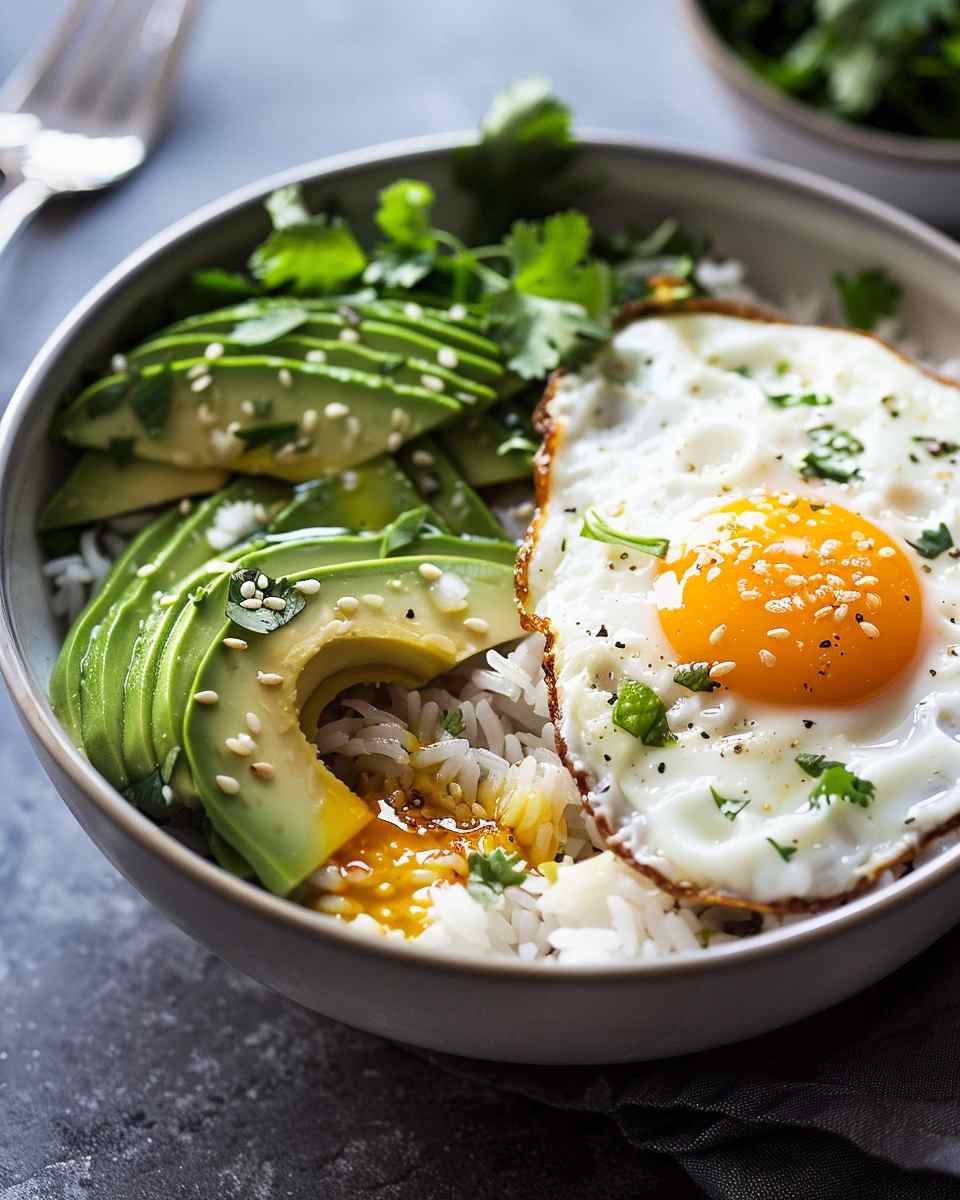 Crispy Rice Bowl with Fried Eggs and Avocado