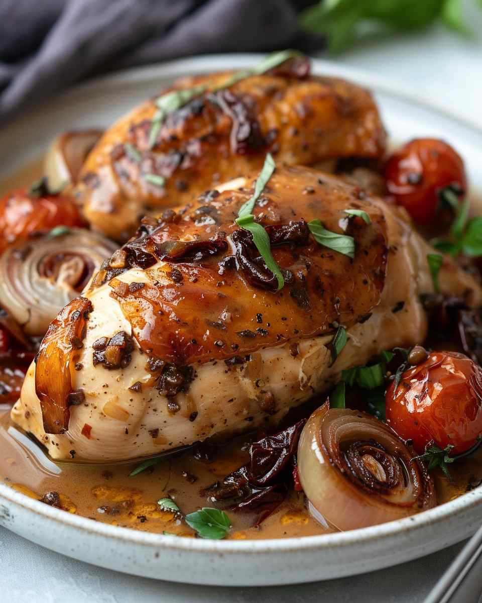 Creamy Balsamic Chicken with Roasted Onions and Sun-Dried Tomatoes
