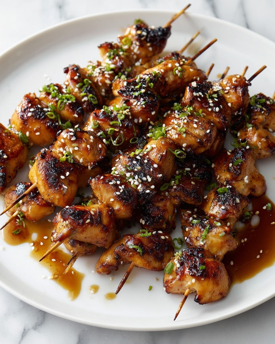 The image shows multiple skewers with grilled chicken pieces stacked on a white plate. Each skewer has several juicy, golden-brown chicken chunks with some parts charred black from the grill. The chicken is shiny with a glazed look, and small white sesame seeds and chopped green onions are scattered all over the chicken. The plate sits on a white marbled surface with a small pool of sauce or juice pooling underneath the skewers, adding a glossy effect. Photo taken with an iphone --ar 4:5 --v 7