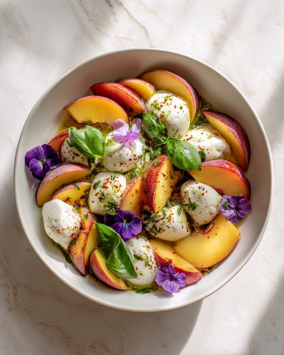 The dish is arranged in a white deep bowl sitting on a white marbled surface, filled with three layers. The bottom layer has thin slices of peach with red and yellow skin, laid neatly around the bowl’s edge. The middle layer has slices of red tomato placed between the peach slices. The top layer includes round white mozzarella balls scattered evenly, each topped with green basil leaves and a drizzle of green herb oil. There are also small bright pink edible flowers placed around the mozzarella for color contrast. The bowl is lit with natural light showing gentle shadows. Photo taken with an iphone --ar 4:5 --v 7