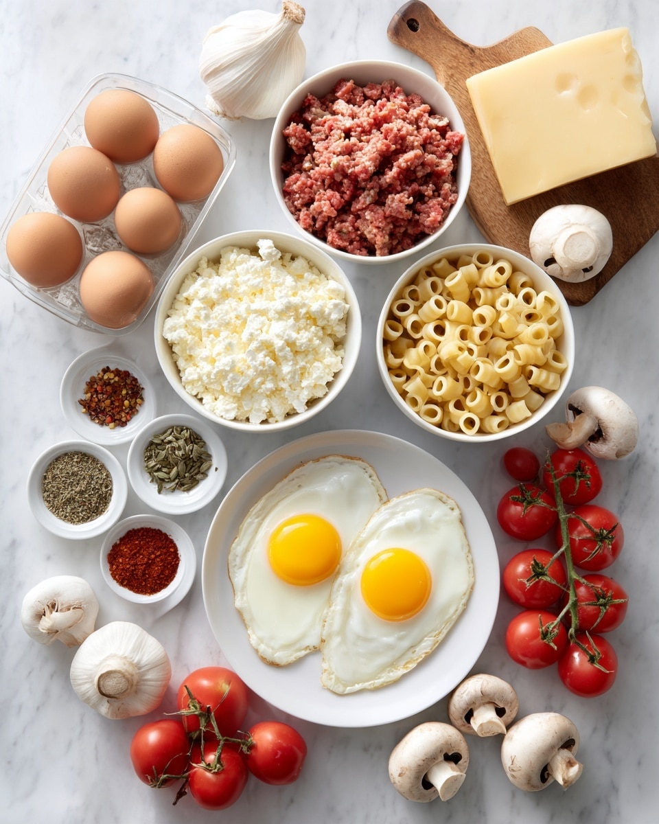 The image shows a flat lay of various cooking ingredients on a white marbled surface. In the center is a white bowl with two cooked sunny-side-up eggs, bright yellow yolks sitting on white edges. Surrounding this are multiple white bowls and containers: at the top right is ground meat with bits of red, below it a bowl filled with small pasta tubes, and to its left a bowl with crumbly white cheese. Around these bowls are fresh vegetables - a red tomato, onions, and whole white mushrooms on the right; three red tomatoes on the vine on the bottom left. Several garlic bulbs are scattered around, and a wooden board in the middle holds a block of pale yellow cheese. To the left side, three brown eggs rest in a clear container, and dried herbs and red spices fill small white bowls nearby. Photo taken with an iphone --ar 4:5 --v 7