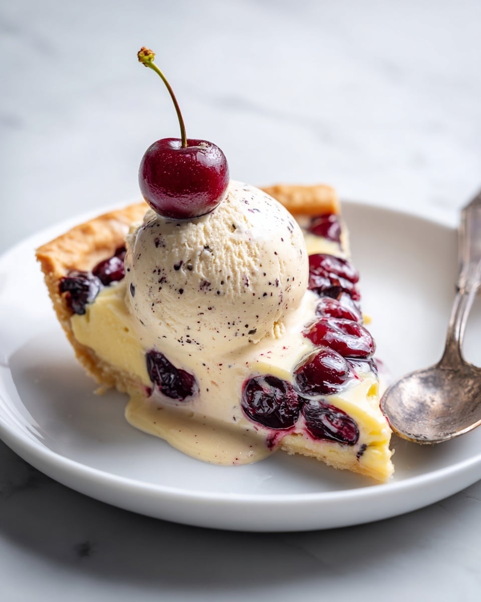 A white plate holds a slice of yellow custard tart with a layer of dark red cherries on top, some cherry juices slightly soaking into the custard. On top of the cherry layer is a smooth, creamy scoop of light beige ice cream with tiny black specks, melting slightly at the edges. A single whole dark red cherry with a green stem sits neatly on the ice cream. A vintage metal spoon rests next to the tart on the plate. The plate is set on a white marbled surface. Photo taken with an iphone --ar 4:5 --v 7