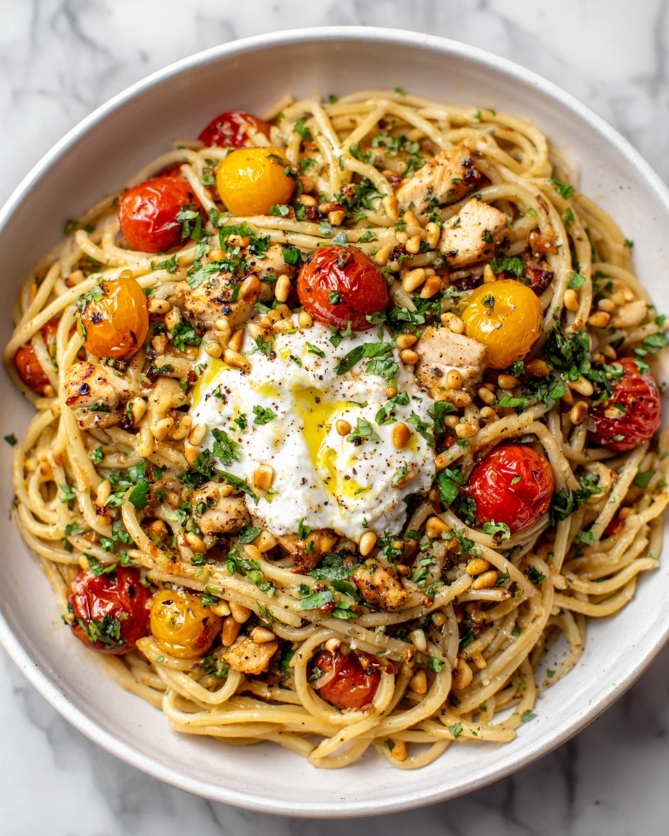 Chicken Spaghetti with Burrata and Lemon Butter Garlic Sauce Recipe