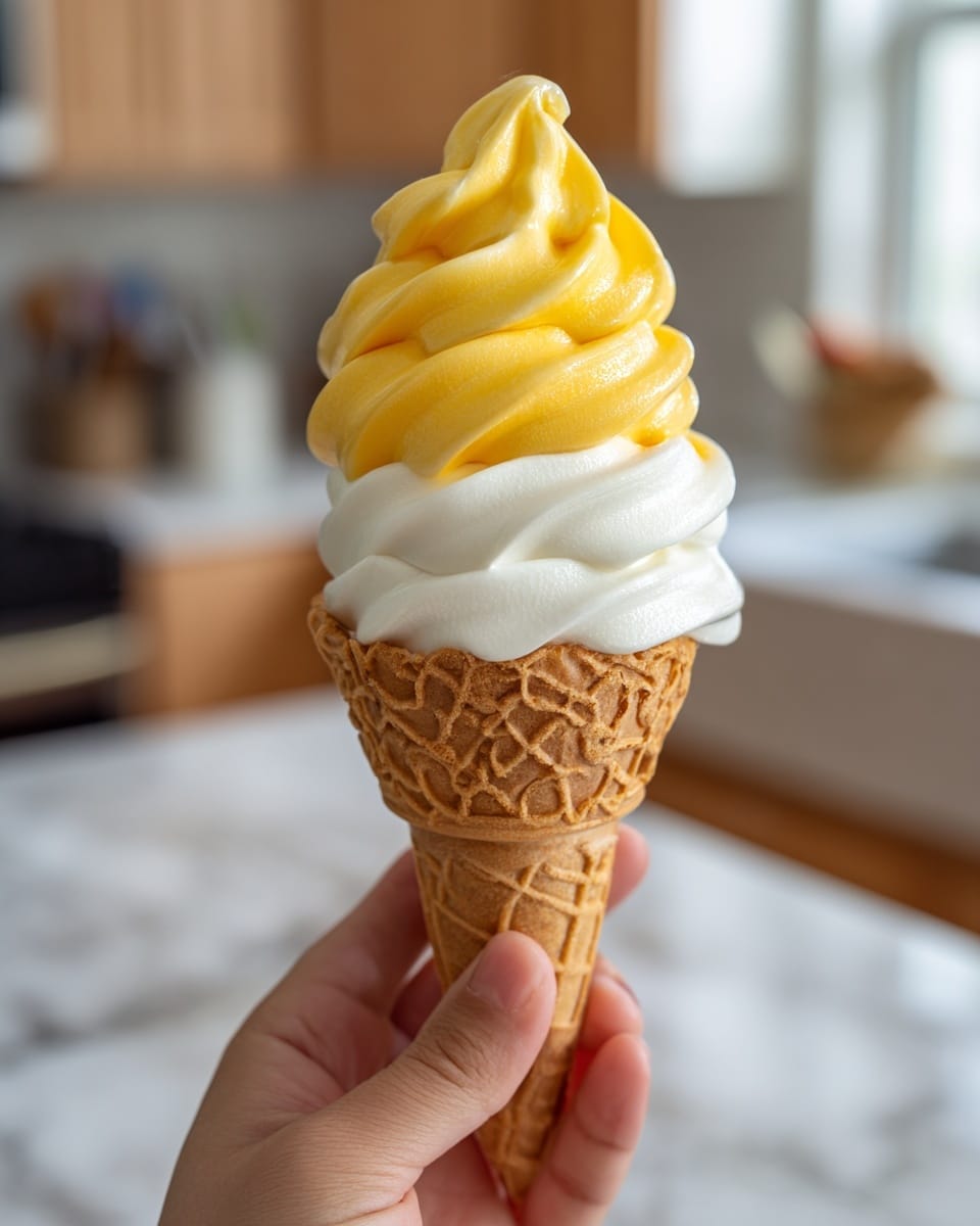 A hand holds a waffle cone with a pointed tip and golden brown grid pattern. Inside the cone, there are two visible layers of soft serve ice cream: the bottom layer is white and creamy, while the top layer is swirled bright yellow, creating a smooth, wavy texture. The yellow swirls cover the white base, slightly dripping down the cone edge. The background shows a kitchen setting with wooden shelves, white marbled countertop, and blurred decorative items. photo taken with an iphone --ar 4:5 --v 7