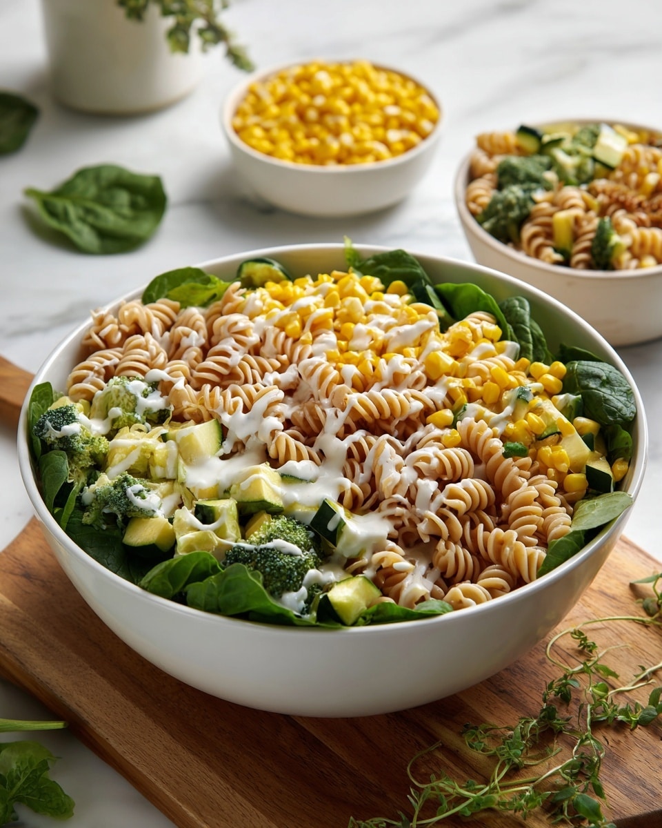 A white bowl filled with three main layers: at the bottom, dark green spinach leaves; in the middle, light brown spiral pasta; and on top, bright yellow corn pieces, chunky broccoli florets, and chopped green zucchini, all drizzled with a light white sauce in thin lines. The bowl sits on a white marbled surface with a wooden board on the right side. Nearby, there is a glass bowl of the same pasta salad and a white bowl full of yellow corn kernels, with scattered corn pieces and small green herb sprigs around. Photo taken with an iphone --ar 4:5 --v 7