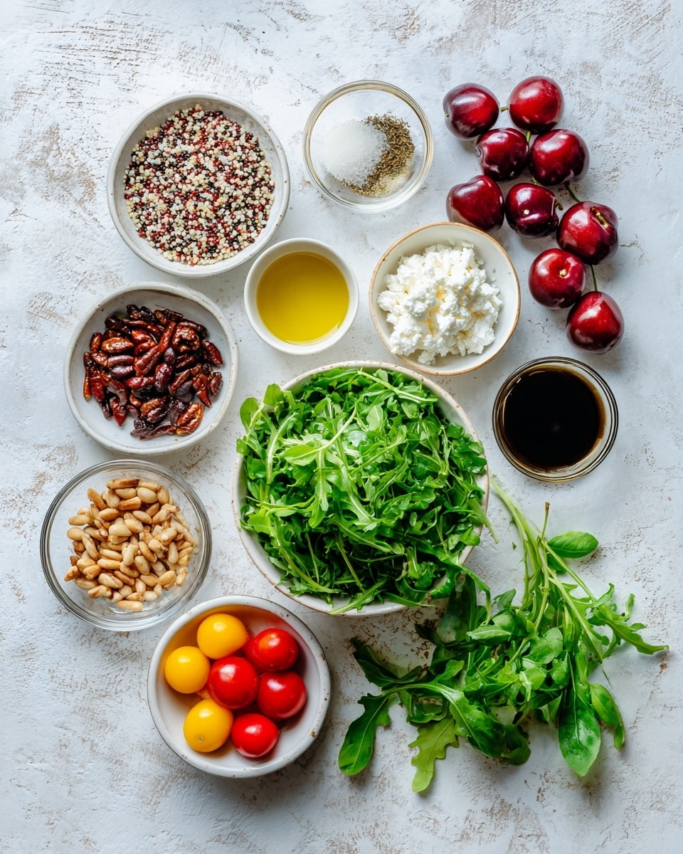 The image shows a flat lay of salad ingredients arranged on a white marbled surface. In the center is a white bowl filled with fresh, bright green arugula leaves. Surrounding the bowl, starting from top left and going clockwise, are small white bowls and clear glass containers with various ingredients: a white bowl with a mix of white, red, and black quinoa grains; a small white bowl with creamy white goat cheese; a small white bowl with bright red and yellow cherry and grape tomatoes; a clear glass bowl with both toasted and raw pine nuts; a gold-rimmed small white dish holding dark balsamic vinegar; another gold-rimmed small white dish with golden olive oil; a small white bowl with light yellow garlic mustard and Dijon mustard; a small dark honey jug; and a small bundle of fresh green basil leaves to the right of the arugula. Four shiny red cherry plums are placed neatly above the arugula bowl. The wood table under the white marbled surface adds a natural touch to the setup. Photo taken with an iphone --ar 4:5 --v 7