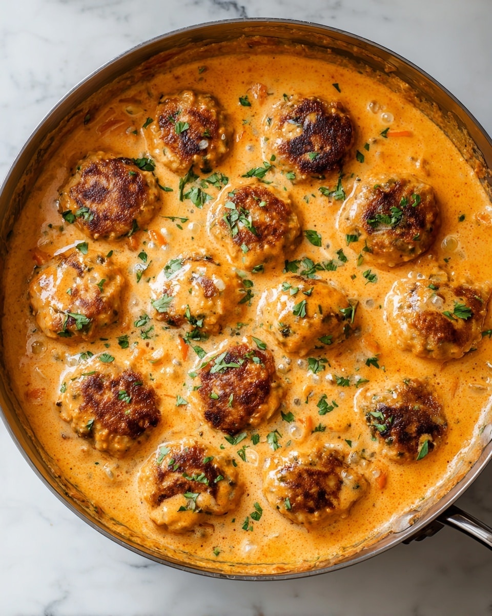 The image shows a large pan filled with about sixteen round, browned meat patties partially submerged in a creamy orange sauce with visible bits of onion and carrot, dotted with fresh green parsley leaves scattered evenly on top. The pan is set on a white marbled surface, and a glimpse of a silver spoon handle is visible on the right side. The sauce has a smooth yet slightly chunky texture with a warm, rich color, and the meat patties have a crispy browned exterior. photo taken with an iphone --ar 4:5 --v 7