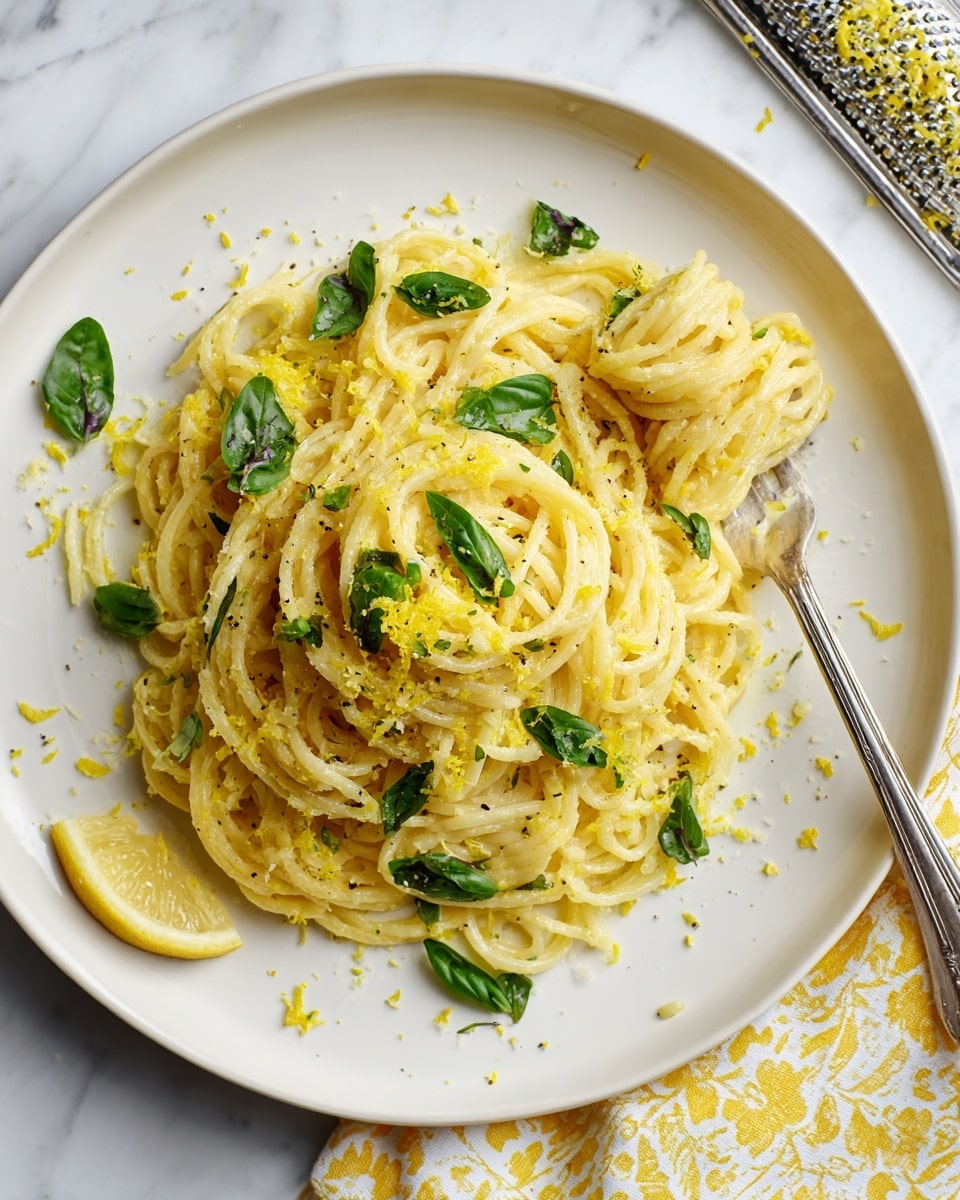 A white plate filled with light yellow spaghetti pasta twisted into loose piles, topped with green basil leaves scattered evenly across the pasta. Small green herb pieces are sprinkled on top along with yellow lemon zest adding a bright touch. A silver fork is lifting a bite of pasta from the right side of the plate. At the plate’s edge near the bottom right, there is a wedge of yellow lemon. The plate sits on a white marbled surface, and loose basil leaves are spread around it with a grated lemon zest tool in the top right corner. A colorful cloth with yellow and blue patterns is partially visible at the bottom right corner. Photo taken with an iphone --ar 4:5 --v 7