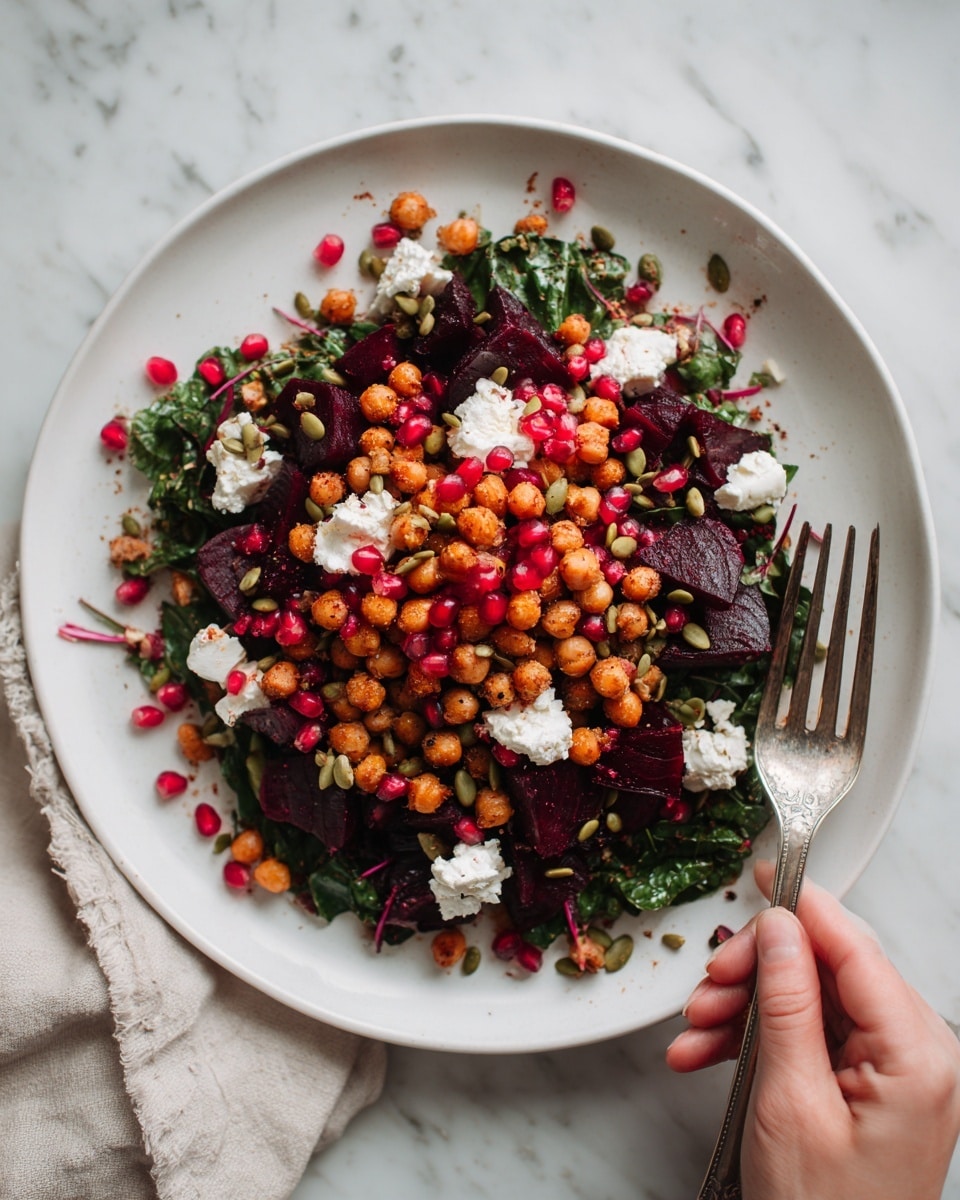 A white plate filled with a colorful salad sits on a white marbled surface. The salad has a base layer of dark green kale leaves, chopped finely and spread evenly across the plate. On top, there are small golden-brown roasted chickpeas scattered all over. Bright red pomegranate seeds add pops of color, alongside small clumps of white cheese spread gently across the salad. Dark maroon bits of roasted beets are mixed throughout, adding a rich, deep color. Small green pumpkin seeds are sprinkled on top, giving a crunchy texture. To the side of the plate, a woman's hand holds a silver fork resting gently on the plate’s edge. Photo taken with an iphone --ar 4:5 --v 7