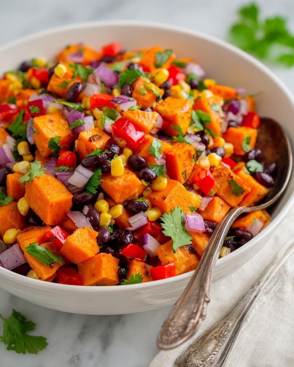 A white bowl filled with a colorful salad made of several layers: bright orange chunks of roasted sweet potatoes, shiny black beans, yellow corn kernels, small diced red bell peppers, and purple onions mixed together and topped with fresh green cilantro leaves. The textures look soft and slightly juicy, with roasted marks visible on some sweet potato pieces. A silver spoon rests inside the bowl, all placed on a white marbled textured surface. photo taken with an iphone --ar 4:5 --v 7