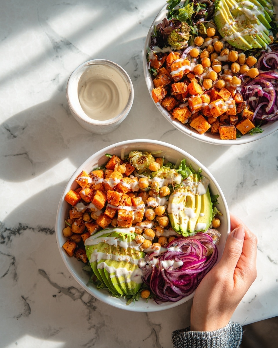 The image shows a white bowl filled with several colorful layers of food arranged neatly. From the bottom, there is a layer of white grains, followed by roasted orange sweet potato cubes on one side. Next to the sweet potatoes, there is a layer of bright green spinach leaves. On the other side, purple-cooked onions sit alongside a sliced half of a light green avocado. The top is covered with a generous sprinkle of light brown roasted chickpeas and drizzled with a white creamy sauce. A woman's hand is seen holding the bowl on the left, while another woman's hand is using a spoon in the bowl on the right. The background is a white marbled texture with a small white bowl of extra creamy sauce near the top left corner. Photo taken with an iphone --ar 4:5 --v 7