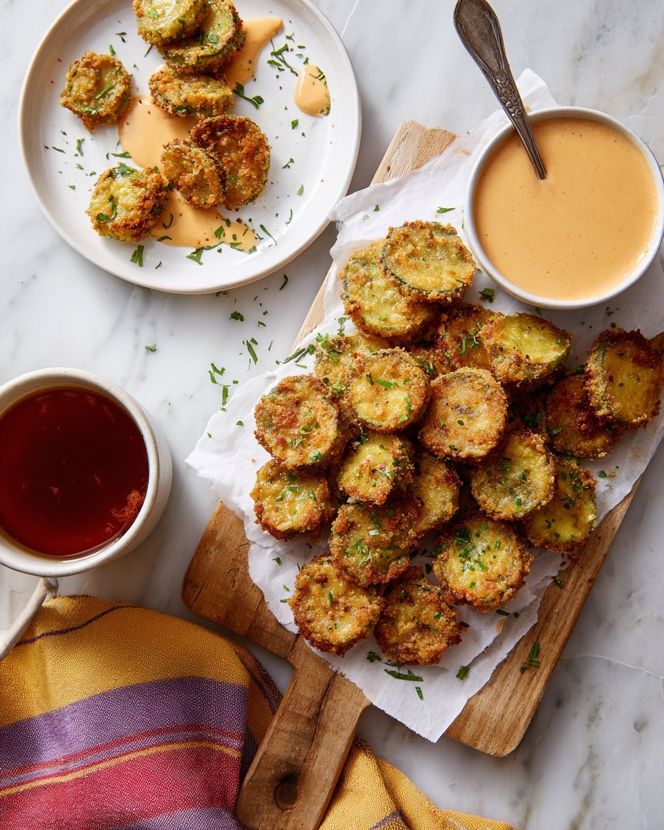 The image shows a white cutting board with many pieces of golden brown, breaded fried pickles sprinkled with green herbs on top. Next to the pickles is a beige bowl filled with a creamy, light orange dipping sauce with green bits inside and a black spoon resting in it. Above and to the right, there is a white plate with a few more fried pickles and a smear of the same sauce. The background is a white marbled surface, and parts of a yellow, pink, and beige cloth napkin, along with two glasses of amber liquid, are visible around the board. Photo taken with an iphone --ar 4:5 --v 7
