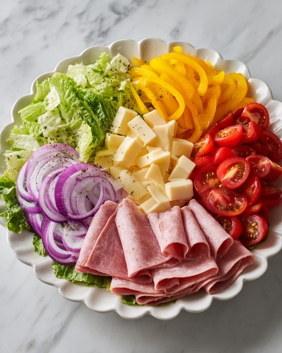 A white scalloped bowl filled with a fresh salad showing multiple layers: the bottom layer has green lettuce leaves with a crunchy texture, scattered with thin slices of pale pink deli meat throughout. On top, there are bright yellow banana pepper rings and small slices of red cherry tomatoes, with some thin slices of light red onion. Square pieces of pale yellow cheese are placed evenly around the salad. The dish is sprinkled with fine white grated cheese and a few tiny black pepper grains for seasoning. The bowl sits on a white marbled surface, with some small dishes and golden brown croutons nearby. photo taken with an iphone --ar 4:5 --v 7