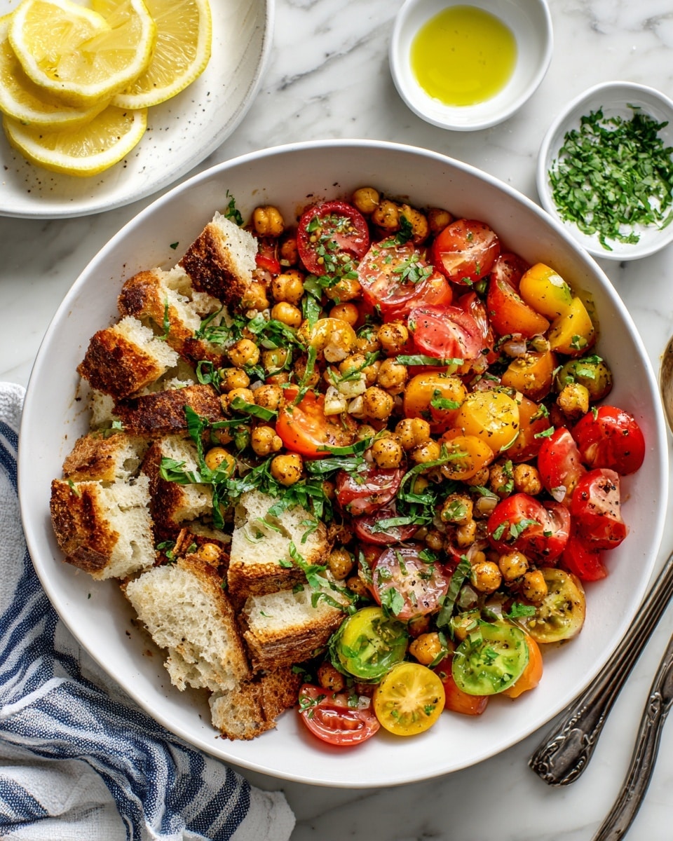 A white bowl filled with a colorful salad made of roughly torn bread pieces, halved cherry tomatoes in red, yellow, and green, chickpeas scattered around, and slices of red and yellow peaches. Fresh chopped green herbs are sprinkled on top, adding a bright contrast. The bowl sits on a white marbled surface with a small white dish of light yellow oil and a white plate with a lemon wedge and green herbs nearby. A white and blue checkered cloth is partially visible in the background. photo taken with an iphone --ar 4:5 --v 7