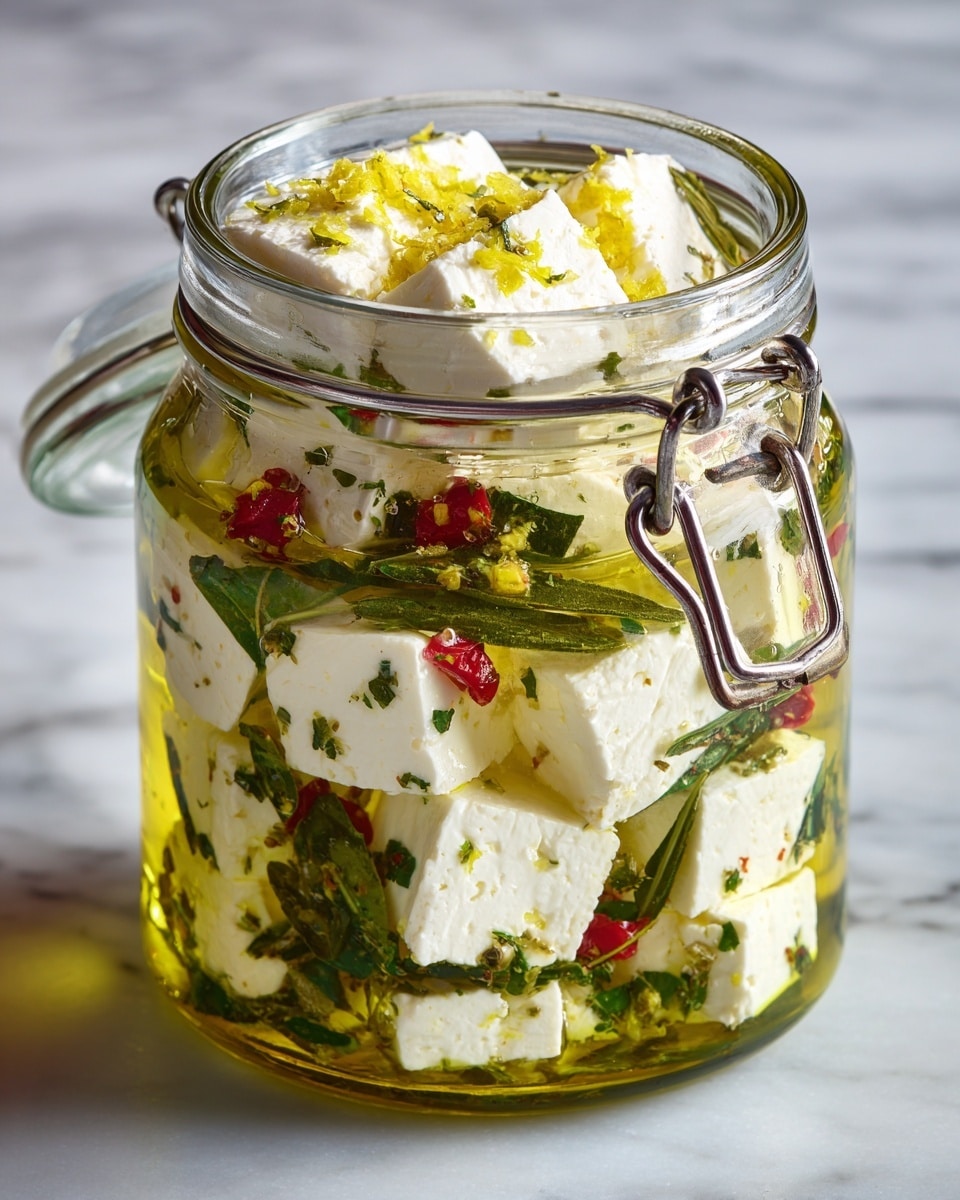 This image shows a glass jar filled with several layers inside. At the bottom, there is a green layer of herbs and oil. On top of that, there are white cheese cubes, some with small green herbs on them. Among the cheese cubes, there are a few small red chili peppers and some finely shredded yellow lemon zest. The jar is open, and the background is out of focus but on a white marbled surface. The jar itself is clear glass with a metal clasp around the side. photo taken with an iphone --ar 4:5 --v 7