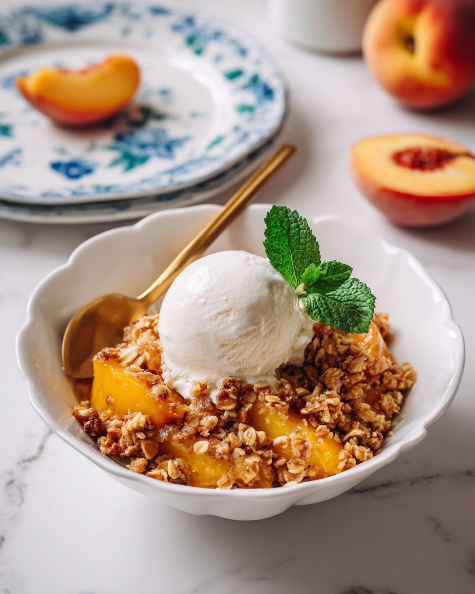 A white bowl with a fruit crumble dessert made of soft, bright orange peach slices mixed with a crunchy topping of oats, brown nuts, and crumbly bits covering the peaches in uneven layers. On top, a smooth scoop of white vanilla ice cream sits at the center, melting slightly into the crumble, garnished with a fresh green mint leaf. A gold spoon is placed inside the bowl on the left side. The bowl is placed on a white marbled surface along with part of a matching dessert on a white plate with blue floral patterns above it and a half peach fruit nearby. Photo taken with an iphone --ar 4:5 --v 7