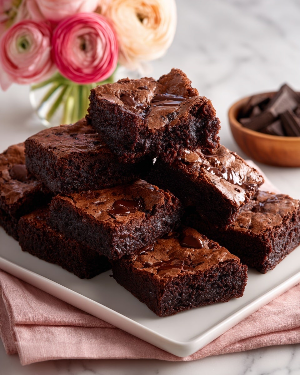 The image shows a stack of three thick, dark brown brownies with a shiny, slightly cracked top layer. The brownies are moist and rich, with melted chocolate dripping between the layers, making them look soft inside. They sit on a dark, speckled tray that is placed on a light pink cloth. In the background, there is a blurred white marbled surface and a pink flower in a clear vase, along with a small wooden bowl filled with dark chocolate chunks. photo taken with an iphone --ar 4:5 --v 7