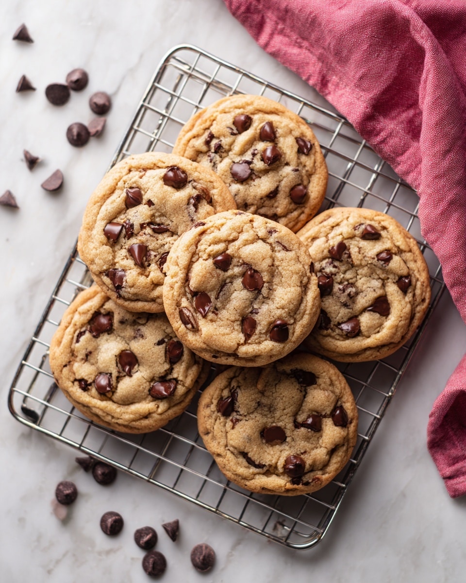 The image shows a group of round chocolate chip cookies arranged on a metal cooling rack. Each cookie has a warm golden brown color with many dark chocolate chips scattered on top. The cookies look soft with slightly wrinkled surfaces and some chocolate chips slightly melted or embedded inside. The metal rack is placed on a white marbled surface, and in the upper right corner, a folded pink cloth is partially visible. A few loose chocolate chips are also scattered near the cookies. Photo taken with an iphone --ar 4:5 --v 7