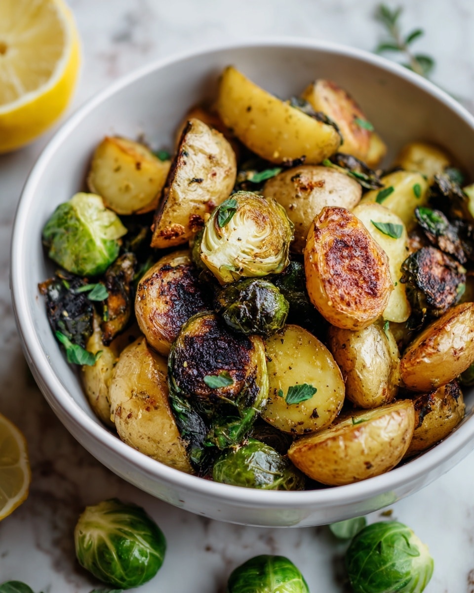 The image shows a white bowl filled with roasted baby potatoes and Brussels sprouts. The potatoes have golden brown crispy skins with some darker browned spots, and they are cut into halves and quarters. The Brussels sprouts are roasted with some charred dark green and black edges, showing a mix of bright green and golden yellow inside. Small green herb bits are sprinkled on top. Around the bowl on the white marbled surface are whole and halved fresh Brussels sprouts and a lemon wedge in the background. The background is dark, making the bowl and vegetables stand out clearly. Photo taken with an iphone --ar 4:5 --v 7
