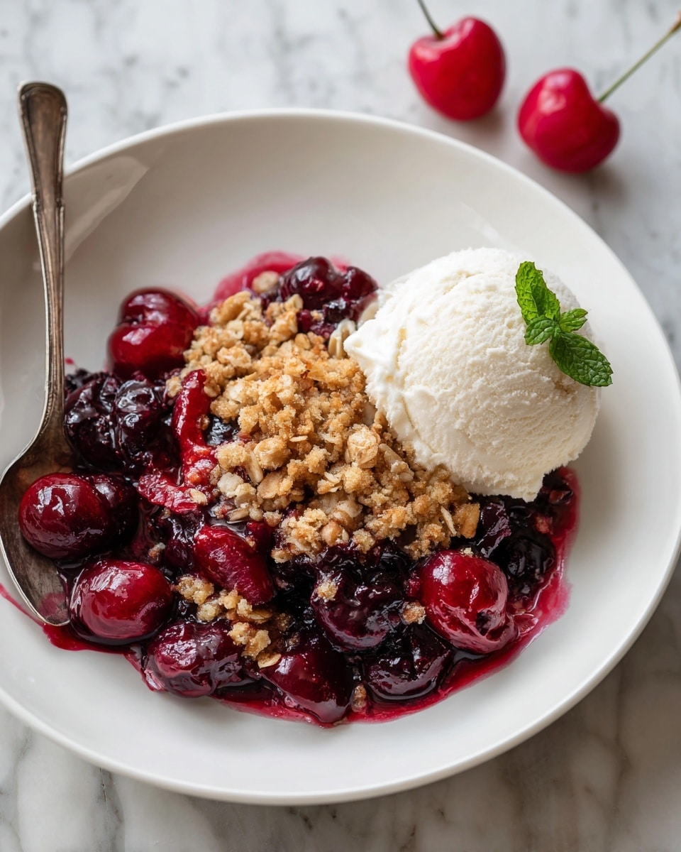 A white plate holds a cherry crumble dessert with two main layers. The bottom layer is a deep red-purple mix of whole and halved cooked cherries with a glossy, juicy texture. On top of this is a crumbly oat and brown sugar streusel that is golden-brown with some pieces nestled between the cherries. Sitting on one side is a scoop of creamy white vanilla ice cream that is slightly melting, softening into the crumble. A small green mint leaf is placed on top of the crumble near the ice cream. A tarnished silver spoon is partially visible on the left side of the plate. The plate sits on a white marbled surface with two bright red fresh cherries in the background. photo taken with an iphone --ar 4:5 --v 7