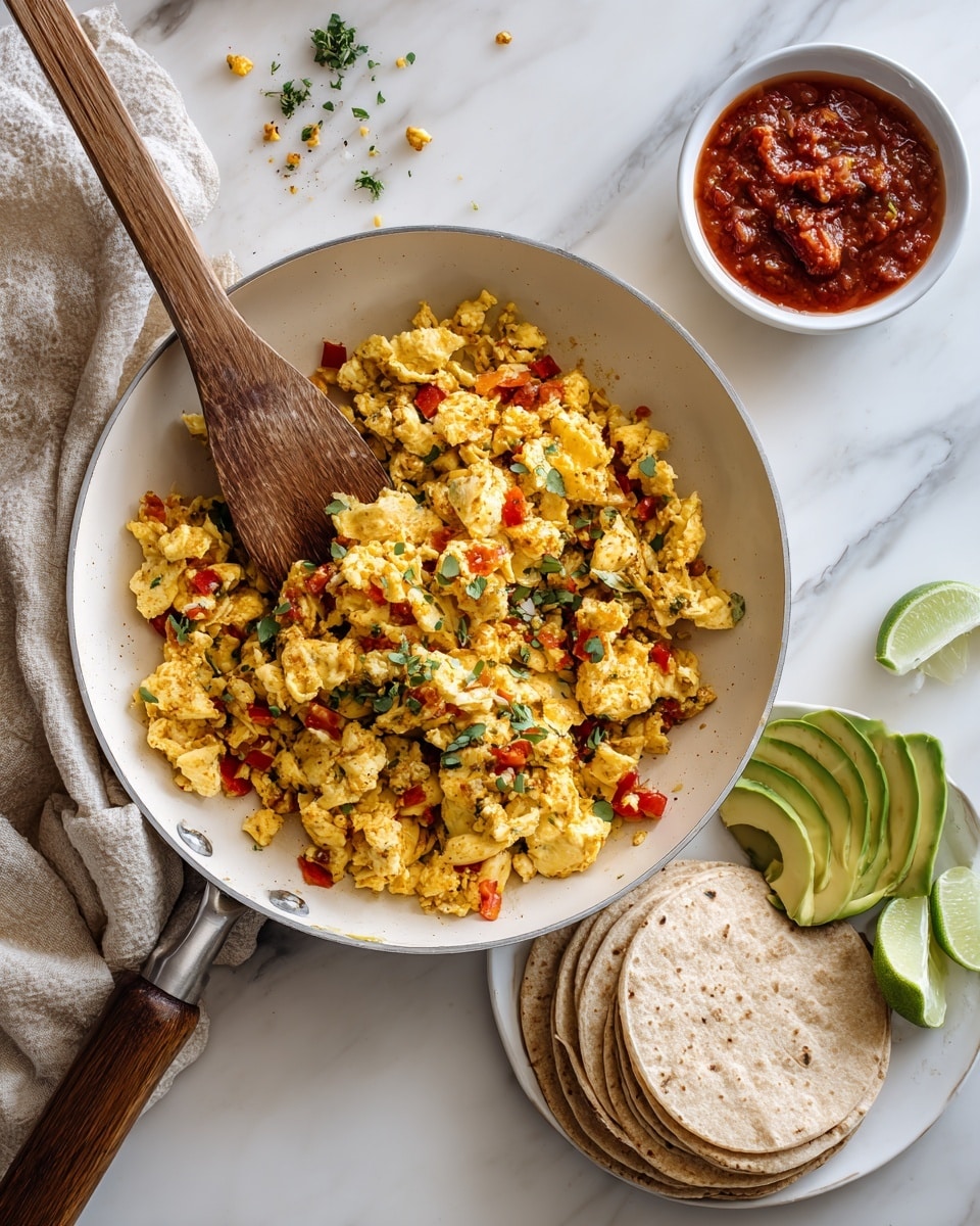 A white pan with a red handle holds scrambled eggs mixed with chopped red tomatoes and white onions, topped with chopped green cilantro, and a wooden spatula resting inside the pan partially covered in the eggs. To the top right, there is a small white bowl filled with red salsa, and next to it, a stack of yellow corn tortillas with light brown spots on a white marbled surface. At the bottom left, there is a white plate with peeled and sliced green avocado halves along with green lime wedges scattered around the pan on the white marbled background. Small broken pieces of yellow tortilla chips are also scattered near the pan. photo taken with an iphone --ar 4:5 --v 7