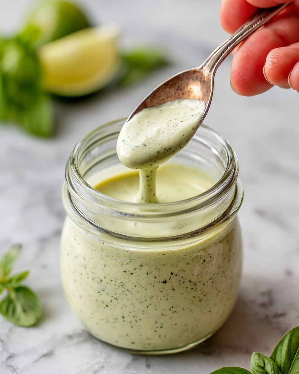 A clear glass jar filled with a creamy, light green sauce with small green specks evenly mixed in, held close to the top by a spoon covered in the sauce. The spoon is positioned horizontally over the jar, showing the thick, smooth texture of the sauce. In the blurred background, there are lime wedges and small green herbs scattered on a white marbled surface. Photo taken with an iphone --ar 4:5 --v 7