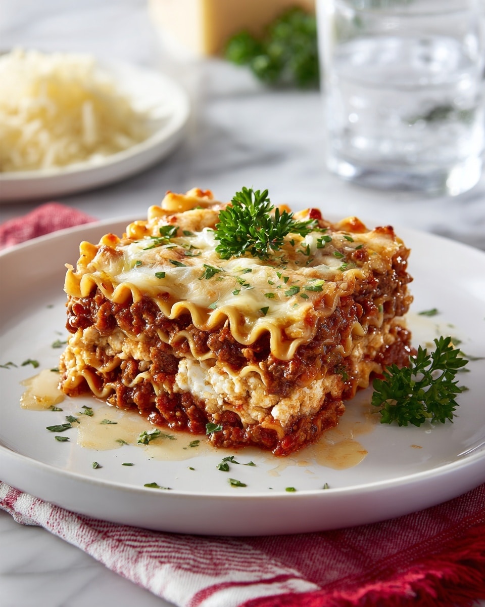 A square piece of lasagna with three visible layers of wavy pasta sheets, each separated by rich red tomato sauce mixed with ground meat and pieces of green herbs. The top layer is covered in melted cheese with some browned spots and garnished with fresh parsley. The lasagna sits on a simple white plate on a white marbled surface with an orange-striped cloth underneath. In the background, there is a white plate holding a block of yellow cheese and a clear glass of water. photo taken with an iphone --ar 4:5 --v 7