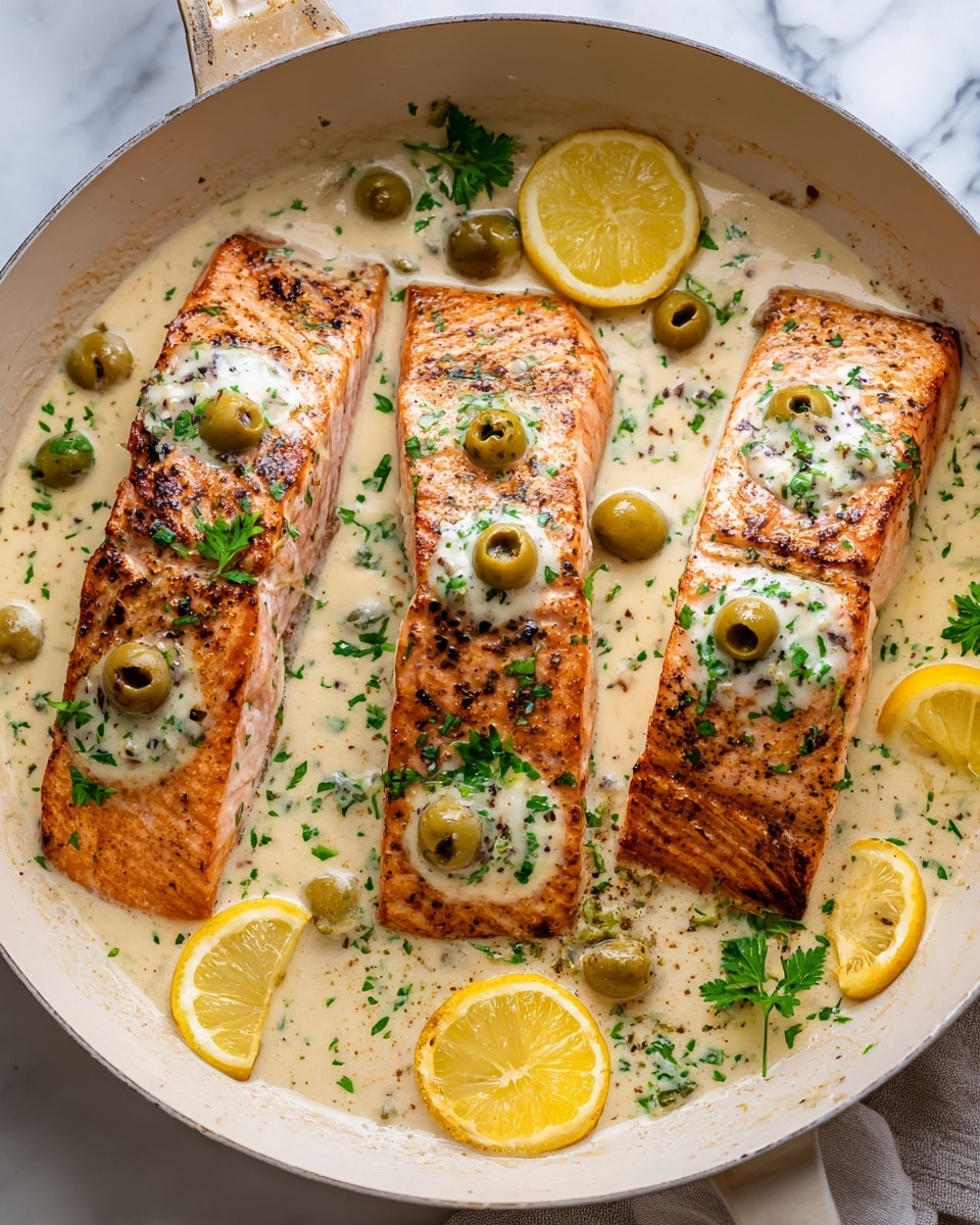 The image shows three golden-brown salmon fillets cooking in a creamy white sauce inside a pan. The fillets have a slightly crisp surface with small herb sprinkles on top. The white sauce is thick and smooth, speckled with green olives and small bits of herbs, creating a fresh look. Around the edges of the pan, there are bright yellow lemon halves and slices partly submerged in the sauce. The background is a white marbled surface, and the lighting highlights the juicy texture of the fish and creaminess of the sauce. photo taken with an iphone --ar 4:5 --v 7