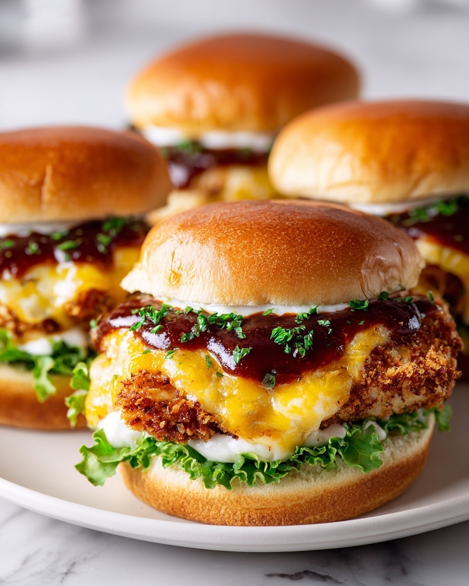 On a white plate with a dark rim on a white marbled surface, there are four fried chicken sandwiches. Each sandwich has a base layer of green lettuce and a lightly toasted bun bottom. Above that is a crispy fried chicken patty coated in a white creamy sauce. On top of the chicken, there is melted white cheese, followed by a thick layer of melted golden yellow cheese, drizzled with a rich dark brown sauce. The sandwiches are sprinkled with small green herb pieces, giving a fresh touch. The focus is on the nearest sandwich, showing the juicy texture and layers clearly. photo taken with an iphone --ar 4:5 --v 7