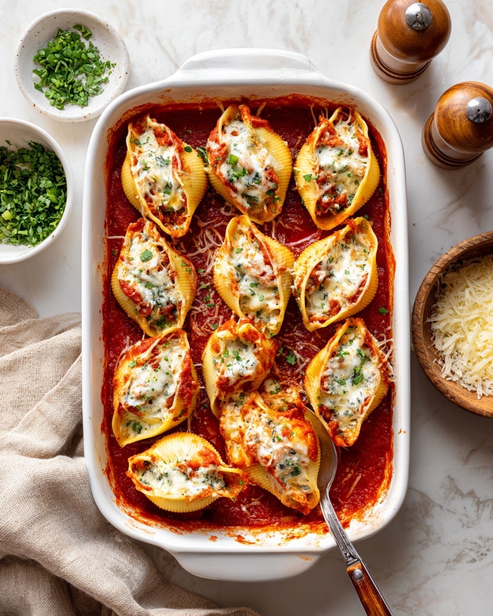 The image shows a white baking dish filled with stuffed pasta shells arranged in two neat rows, each shell yellow with a smooth texture. The shells are filled with a creamy white cheese layer mixed with herbs and topped with chunky red tomato sauce and melted cheese that has browned slightly at spots. The dish is garnished with small green parsley pieces scattered on top. A spoon with a wooden handle rests inside the dish, lifting one shell. Around the dish, there is a small white bowl with chopped parsley, a white bowl with grated cheese, and a white marbled surface underneath. Photo taken with an iphone --ar 4:5 --v 7