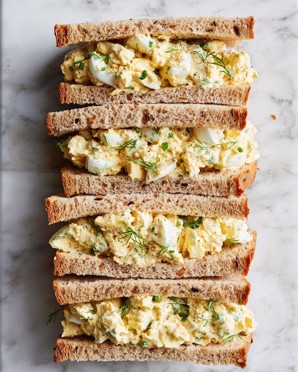 The image shows a close-up of six triangular sandwich pieces aligned vertically in a white bowl. Each sandwich has two layers of light brown whole grain bread with visible grains and seeds on the crust. The filling is a creamy mixture of pale yellow and white chunks that looks soft and moist, likely an egg salad, with small green bits scattered evenly throughout. The sandwiches are neatly cut and stacked without overlap, filling the bowl entirely. The background has a white marbled texture. photo taken with an iphone --ar 4:5 --v 7