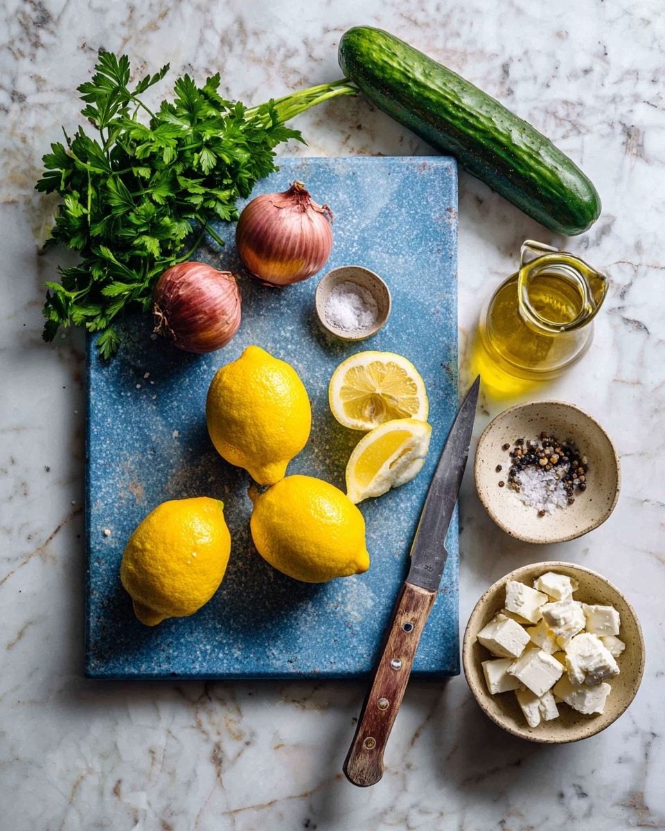 The image shows a bright blue cutting board on a white marbled surface with fresh ingredients arranged neatly. On the board, there are two small reddish-brown shallots on the left side, along with a bunch of dark green parsley leaves at the bottom left corner. In the center are two whole yellow lemons, one halved with several thin lemon slices placed in front of a knife with a wooden handle pointing right. Above the cutting board, there is a long dark green cucumber. To the right on the white marbled surface, there are small white bowls with black and white pepper, a blue bowl with salt, a clear glass container with olive oil, and a beige bowl filled with white cheese cubes. Photo taken with an iphone --ar 4:5 --v 7