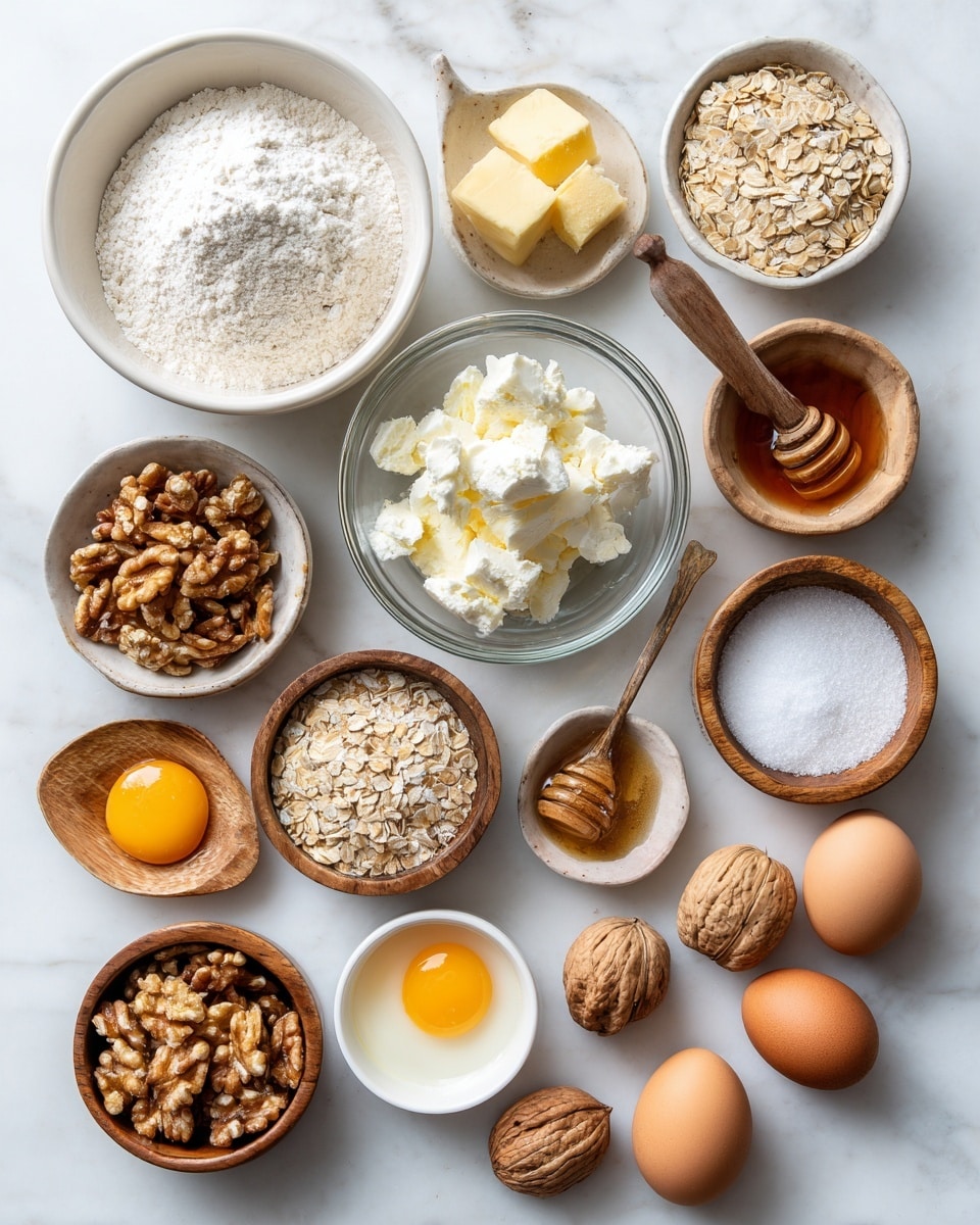 A top view of various ingredients laid out on a white marbled surface, arranged in a loose grid. There are twelve small bowls and dishes containing different ingredients: white flour in a large white bowl near the top left, golden butter cut into blocks in a small white bowl below, a bowl of cottage cheese in the center, a clear bowl filled with walnuts at the bottom left, a white bowl with an egg yolk and white at the bottom center, and a small white bowl of honey with a spoon near the right edge. Other small wooden bowls hold walnuts, oats, a ground spice mix, brown sugar, and salt. Three brown eggs, a head of garlic, and three whole walnuts in shell rest near the bottom right. The display is neat and colorful, with natural textures contrasting against the smooth white bowls and white marbled surface. Photo taken with an iphone --ar 4:5 --v 7