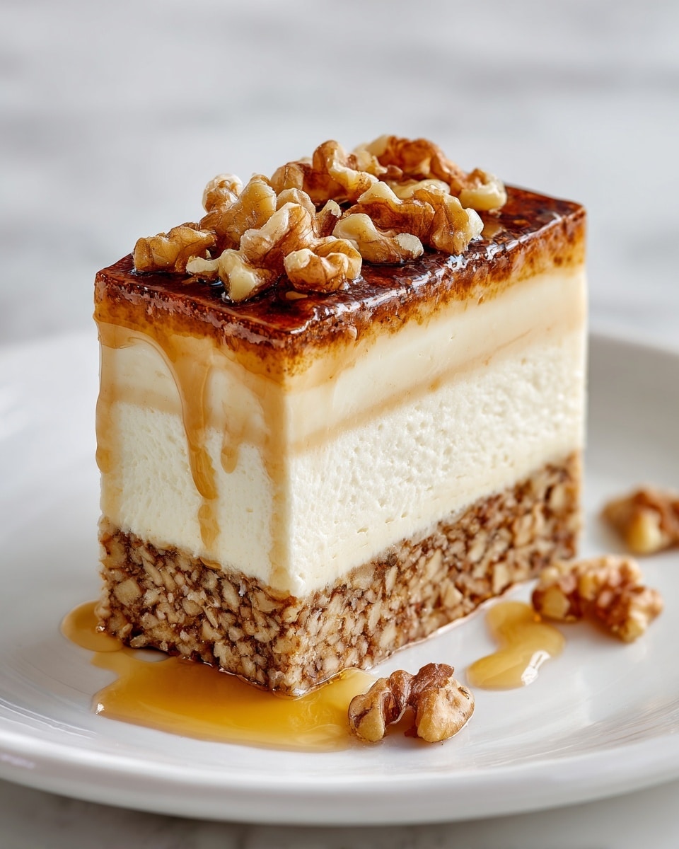 A slice of cake with three layers sits on a white plate over a white marbled surface. The bottom layer is thick and looks like a nutty crust with small nuts mixed in, brown in color and textured. The middle layer is a smooth, creamy pale yellow filling, thick and firm. The top layer is a darker brown, crispy-looking with a rough texture, sprinkled with walnut pieces. Some syrup drips down the side and pools slightly on the plate, making the cake look shiny and moist. A few walnut pieces are scattered around the plate. Photo taken with an iphone --ar 4:5 --v 7