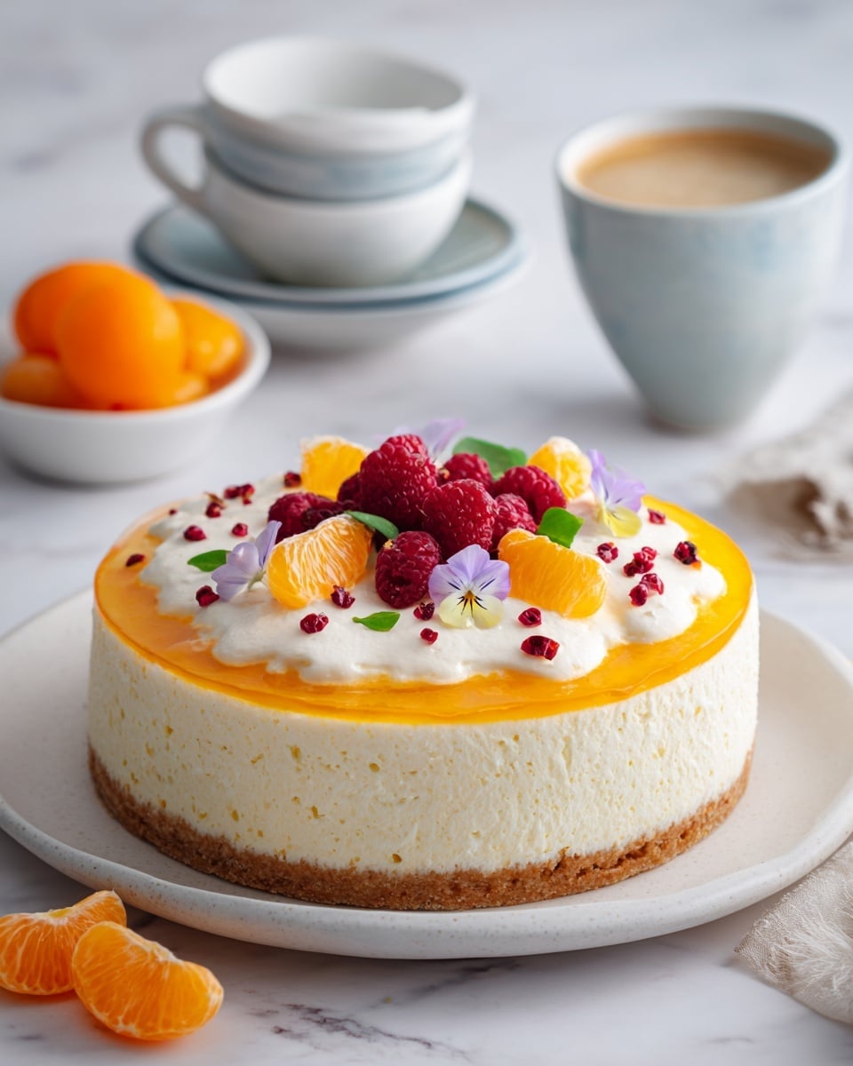 The image shows a round cake with three main layers on a white plate. The bottom layer is a thick golden brown cake base. On top of that is a thick layer of white creamy frosting spread evenly. The top layer is a bright orange glaze, scattered with fresh red raspberries, small orange fruit halves, and purple flower petals with green leaves. Around the cake on the white marbled table are halved small orange fruits and a cup of light brown coffee with white foam art near the bottom right. In the background, there are stacked white cups with blue rims and floral designs and bowls holding more small orange fruits and raspberries. photo taken with an iphone --ar 4:5 --v 7