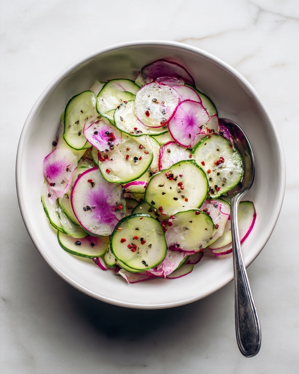 A white bowl filled with thinly sliced cucumber and purple radish arranged in layers. The first layer shows light green cucumber slices with dark green edges, round and fresh. On top, there are semi-transparent slices of purple radish with pale centers and a slight crunch texture. The vegetables are sprinkled with small bits of black and red pepper seasoning. A silver spoon is placed inside the bowl on the right side. The bowl sits on a white marbled surface. photo taken with an iphone --ar 4:5 --v 7