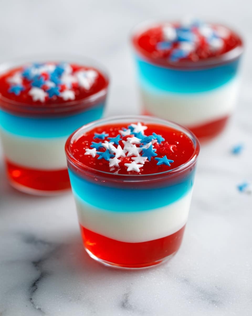 There are clear small cups filled with three colorful layers of jelly. The bottom layer is blue and see-through with a smooth texture. The middle layer is white and opaque, looking soft and creamy. The top layer is bright red and transparent, with small star-shaped red, white, and blue sprinkles on the surface. The cups sit on a white marbled surface with some blurred similar cups in the background. Photo taken with an iphone --ar 4:5 --v 7