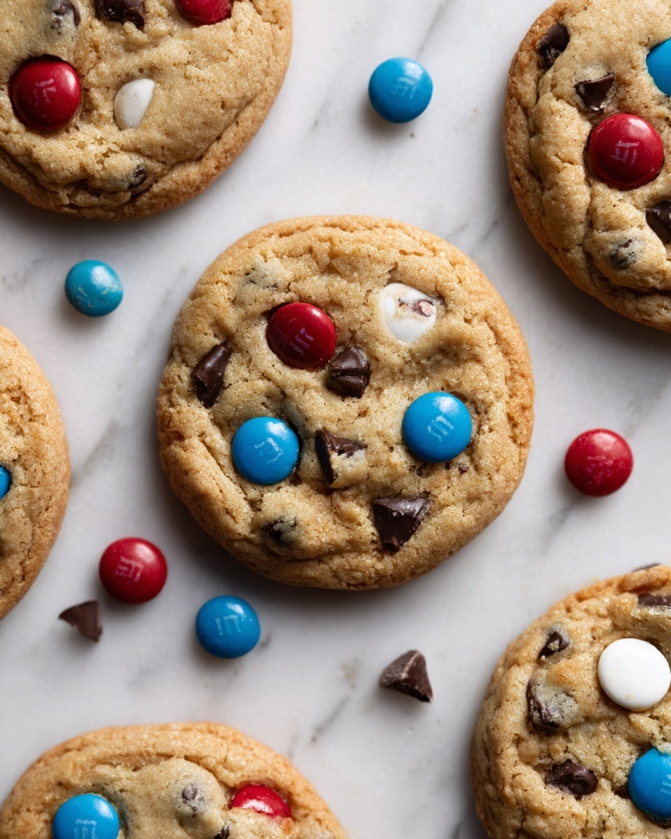 The image shows a close-up of several round cookies with a rough, soft texture. Each cookie is light brown and studded with colorful candy pieces in red, blue, and white, some of which are slightly melted in places. There are also small smooth chocolate drops scattered on the cookie surface. Around the cookies, loose candies in matching colors are spread on a white marbled background, adding bright contrast and a playful feel to the scene. photo taken with an iphone --ar 4:5 --v 7