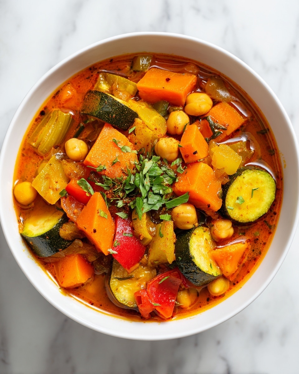 A white bowl filled with a colorful vegetable stew sits on a white marbled surface. The stew has an orange broth base with visible layers of chopped green zucchini pieces, yellow and orange carrot chunks, red bell pepper pieces, dark brown mushrooms, pale yellow celery slices, and round beige chickpeas. The dish is topped with green herb sprigs and a light sprinkle of red spices. The textures vary from soft cooked vegetables to slightly firm chickpeas, all mixed together in the broth. photo taken with an iphone --ar 4:5 --v 7