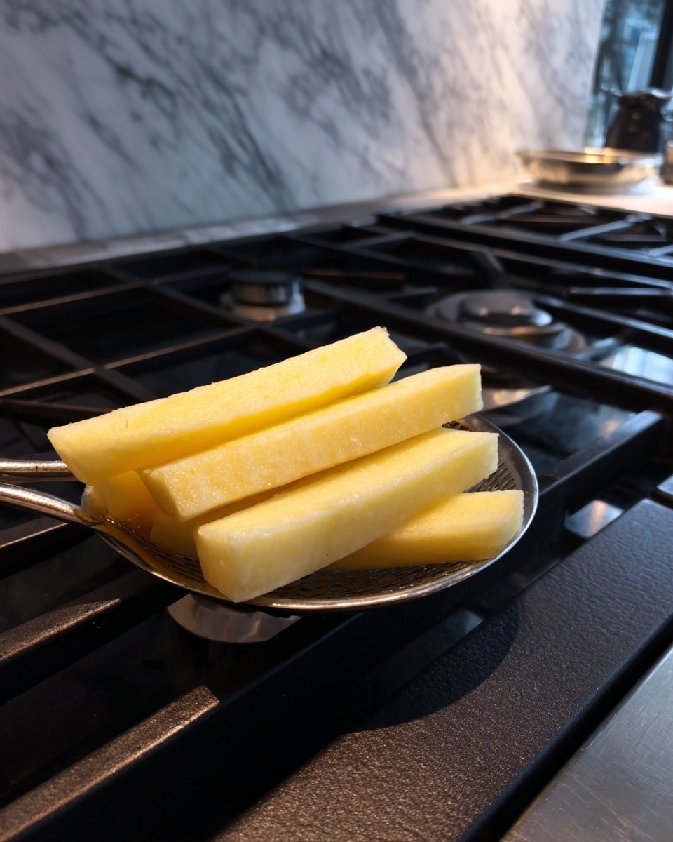 A metal slotted spoon holds five light yellow cooked potato sticks above a stove burner. The potato sticks are long and rectangular, with a slightly soft and smooth texture. The background shows a dark stove surface and parts of kitchen appliances with a white marbled texture visible behind it. No plate or bowl is present. photo taken with an iphone --ar 4:5 --v 7