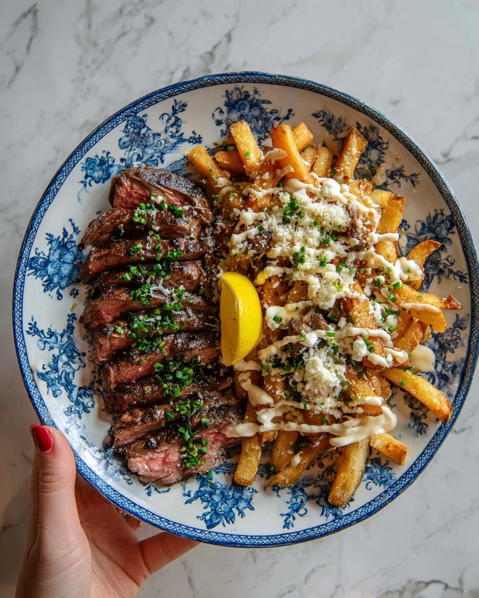 A white plate with a blue floral pattern holds two main sections: on the left, six slices of medium-rare steak with a seared dark brown crust and bright pink inside, topped with green herb leaves; on the right, a thick pile of golden brown fries covered in white shredded cheese and drizzled with white sauce, garnished with chopped green herbs; a yellow lemon wedge sits between the steak and fries near the center of the plate; a woman's hand is holding the plate over a white marbled texture surface outdoors with green leaves and gravel visible below; photo taken with an iphone --ar 4:5 --v 7