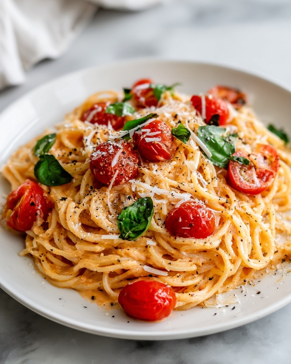 A white plate holds a nest of creamy yellow spaghetti pasta as the base layer, with bright red roasted cherry tomatoes scattered on top, some whole and some slightly split. Fresh green basil leaves are spread evenly over the pasta and tomatoes, adding pops of color. Grated white cheese is lightly sprinkled over the entire dish, along with a dash of black pepper. The plate sits on a white marbled surface. Photo taken with an iphone --ar 4:5 --v 7