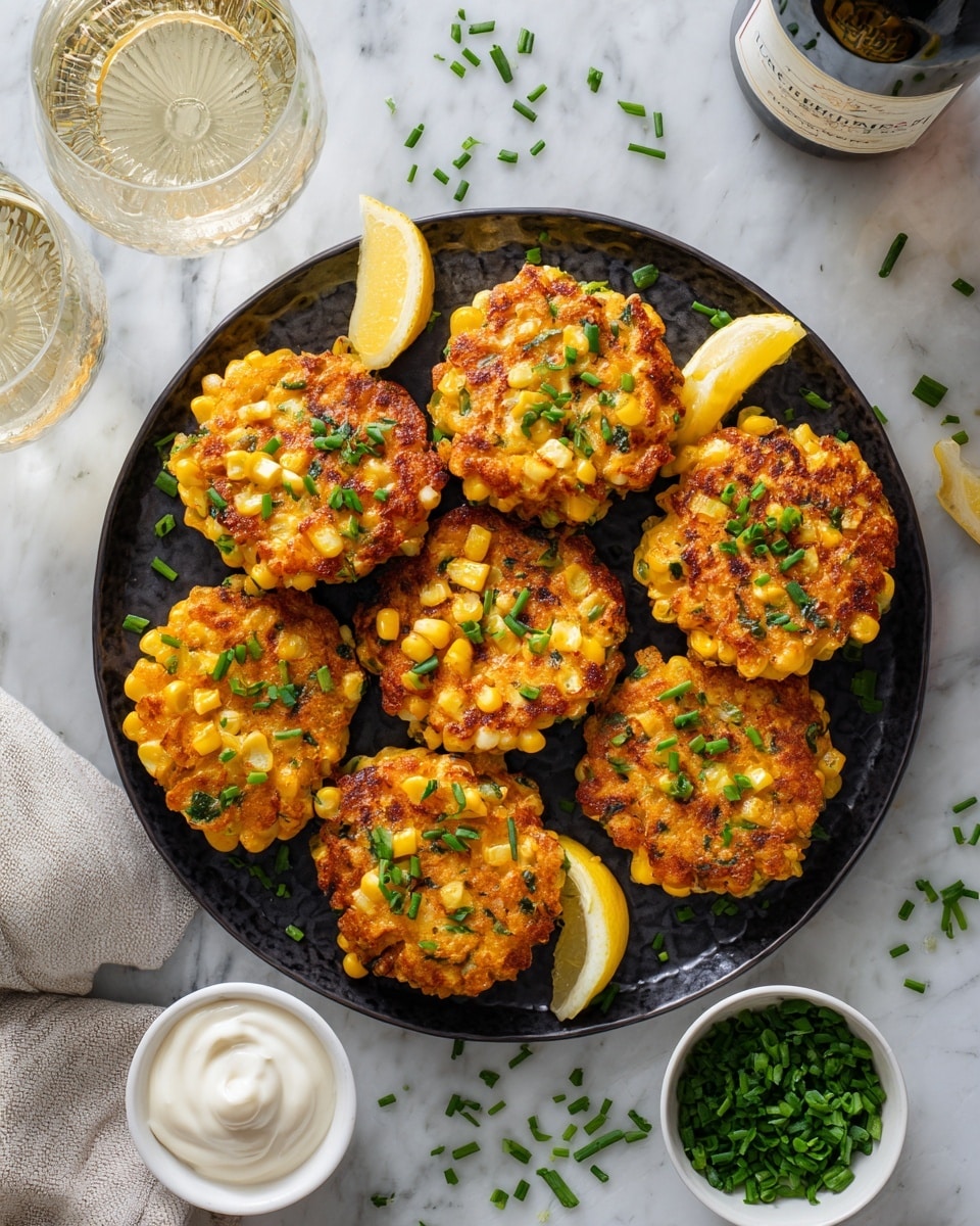 The image shows a round black plate filled with nine golden brown corn fritters arranged in a circle, each fritter dotted with yellow corn kernels and green chives. Three lemon wedges are placed on the plate at intervals between the fritters, adding bright yellow accents. Around the plate on a white marbled surface, there are scattered chives, a small white bowl filled with sour cream, another white bowl with chopped chives, and two clear green-tinted glasses of a light drink. A bottle with a wine label is partly visible in the upper left corner, and a woman's hand is seen holding the plate. The overall setting is bright with a fresh, homemade feel. photo taken with an iphone --ar 4:5 --v 7