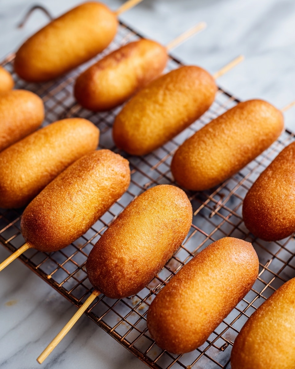 Several golden brown corn dogs with a smooth, slightly crispy texture are laid out on a wire cooling rack. Each corn dog has a wooden stick inserted at one end, with some sticks angled differently, creating a casual, non-uniform arrangement. The wire rack sits on a white marbled surface, adding a subtle contrast to the warm colors of the corn dogs. The overall scene shows a close-up top view, highlighting the even browning and inviting texture of the corn dogs. photo taken with an iphone --ar 4:5 --v 7